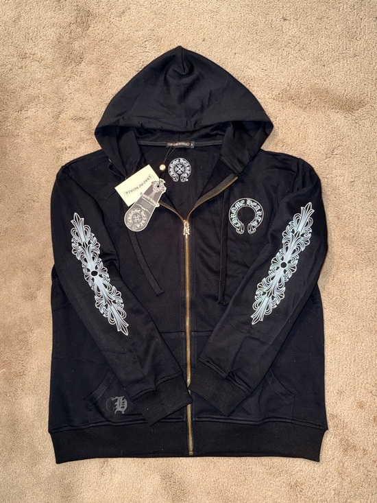 Chrome Hearts Other - Chrome Hearts Black Zip-Up Hoodie Jacket with Light Blue Sleeve Graphics